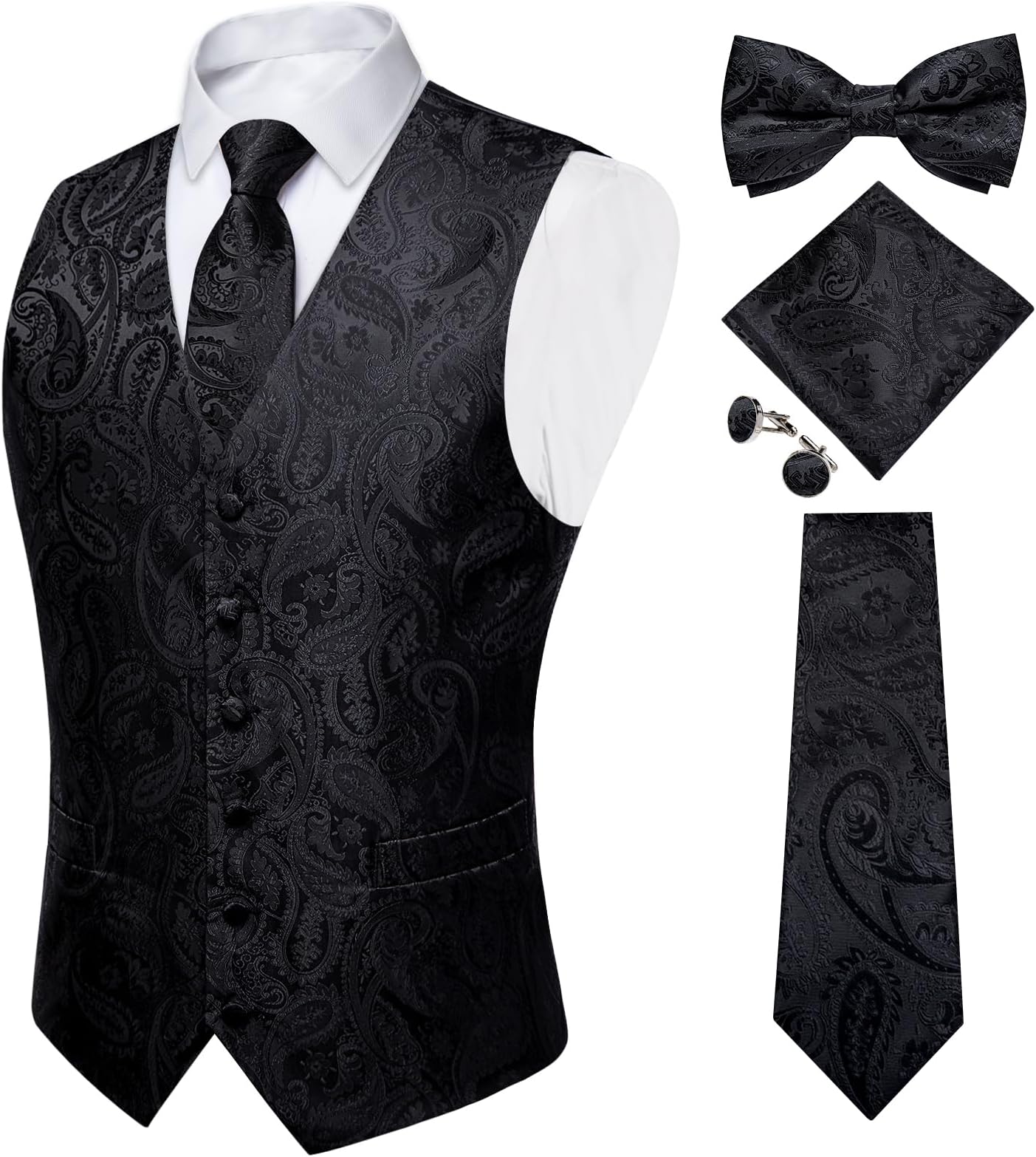 Mens Vest Tie Bowtie Set 5PCS Silk Paisley Dress Waistcoat