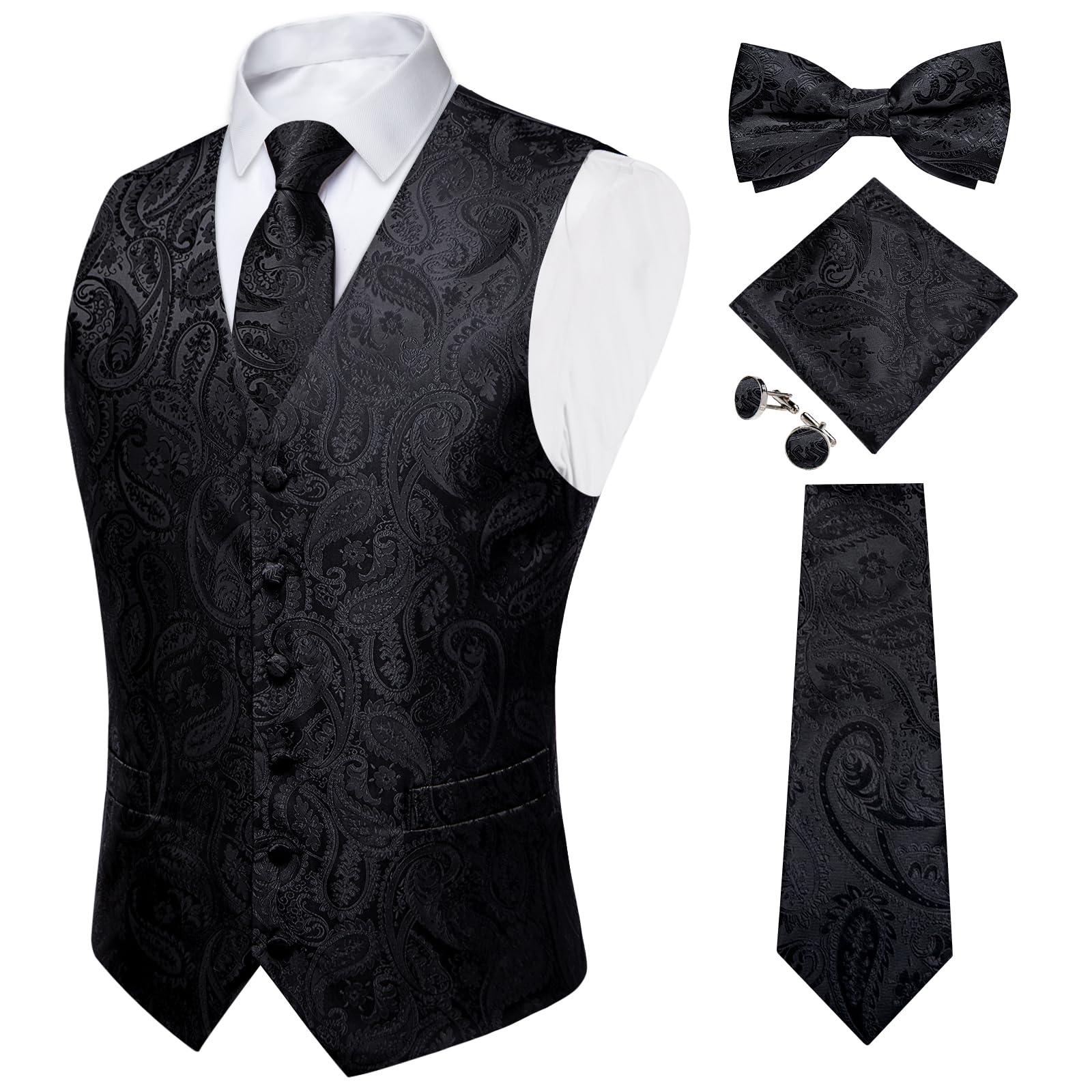 Mens Formal Dress Vest Paisley Jacquard Silk Suit Waistcoat Necktie Bow Tie Set Wedding Party Tuxedo 5PCS