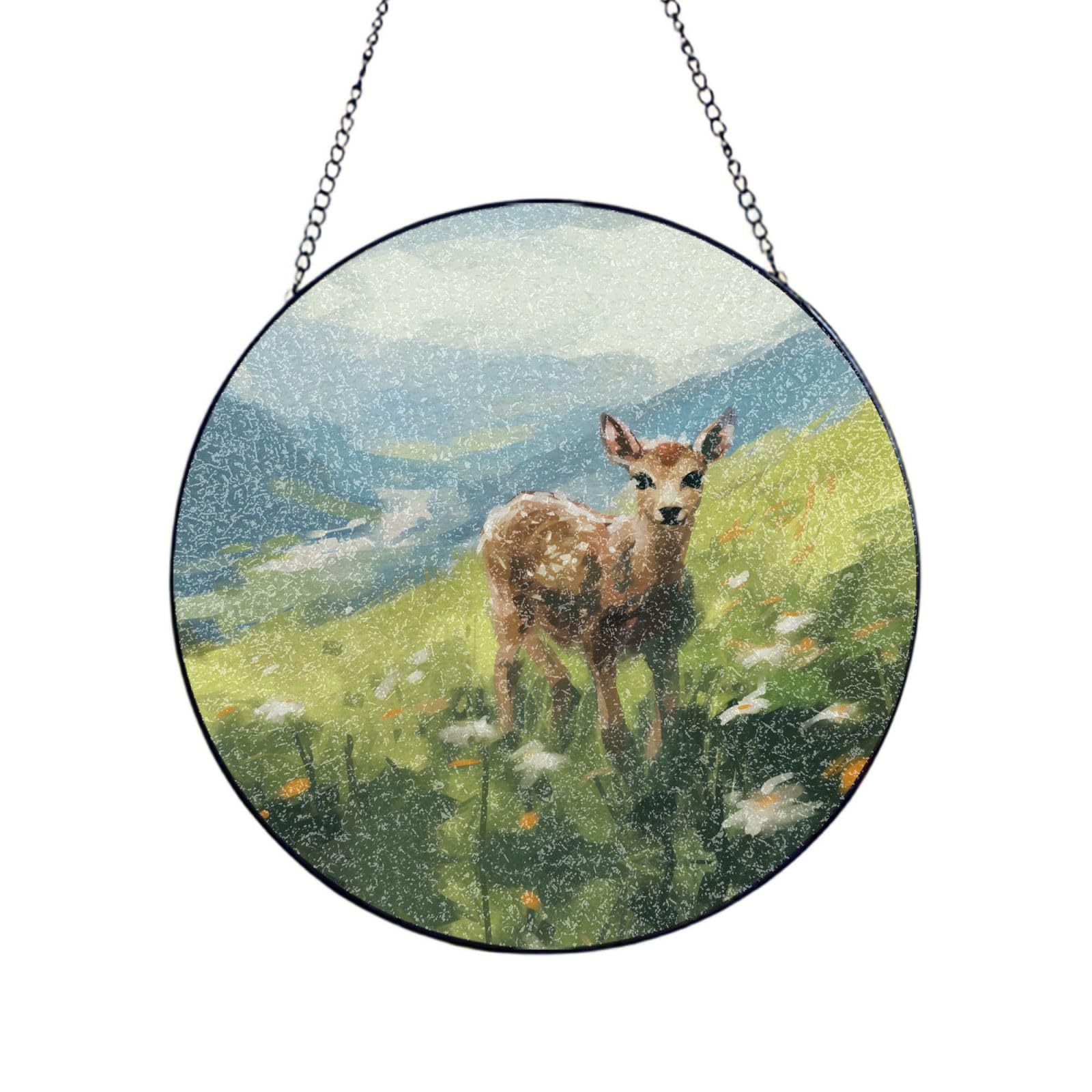 Phayah Deer In The Meadow Print Stained Glass Window Hanging Suncatcher For Door Terrace Garden Home Decor Sun Catcher Birthday Gifts For Lovers Dad Mom 10in（25cm）