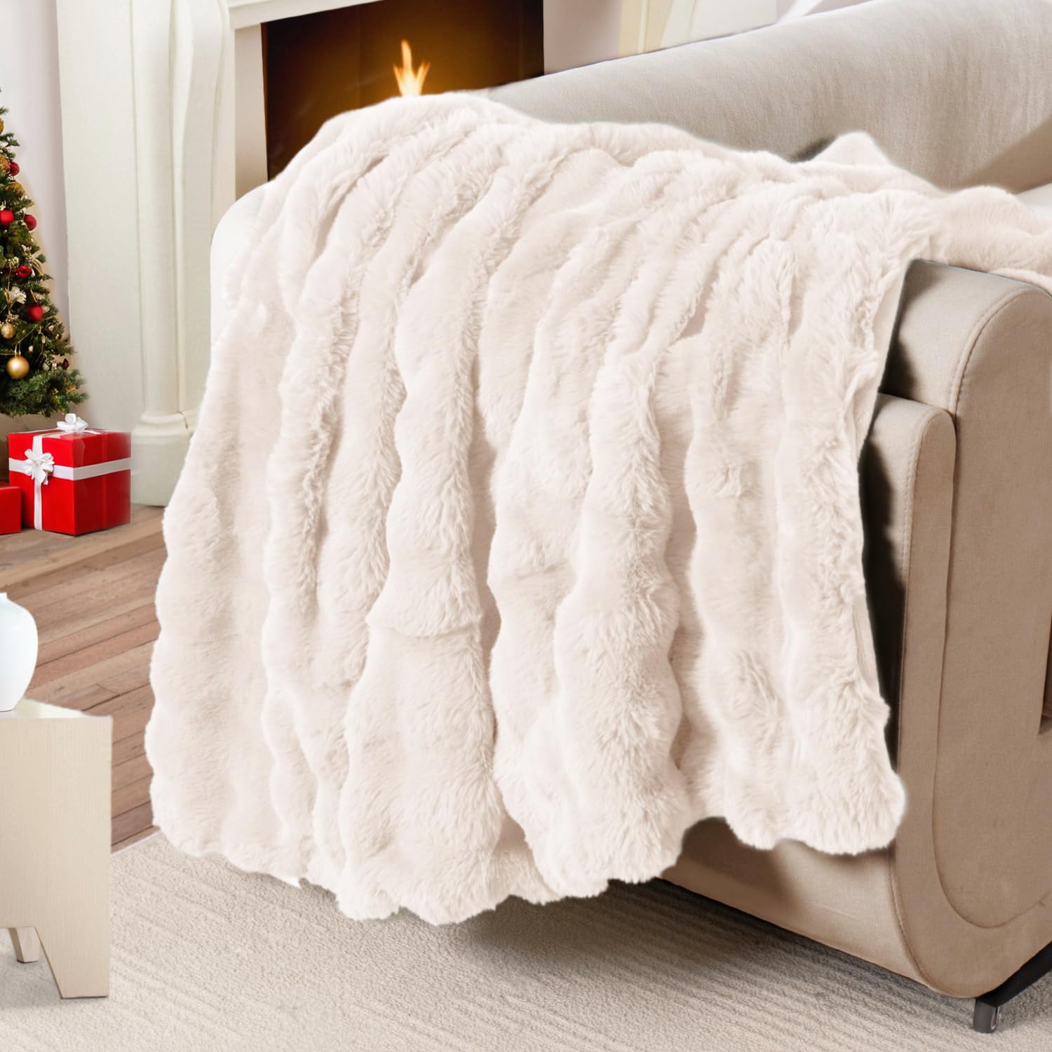 Faux Fur Throw Blanket, Gifts for Women Men, 50x60 Inches Soft Bubble Rabbit Fuzzy Blanket for Bed, Living Room, Plush Cozy & Fluffy Fall Blankets -