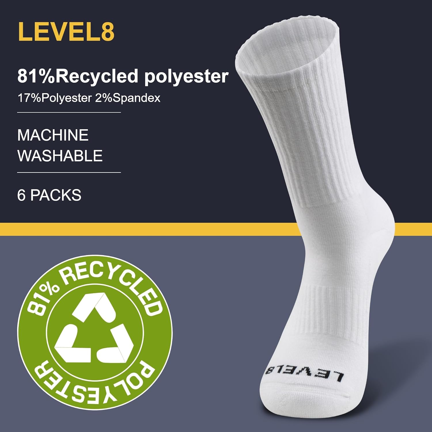 LEVEL8 Mens Work Crew Socks, Comfy Mid Calf Dress Socks, Moisture Wicking, Running and Exercise, 6 Pairs