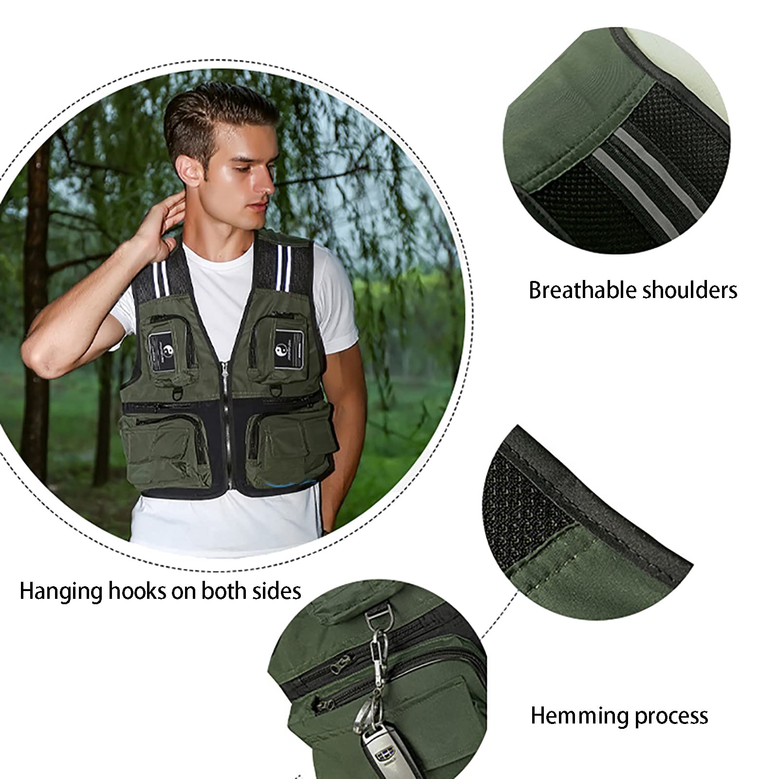 Fishing Vest Multi-Tasca with Mesh Back Gilet da Pesca a Mosca Strisce Riflettenti Outdoor Fotografi Vest per la Fotografia di Pesca in Campeggio Escursionismo
