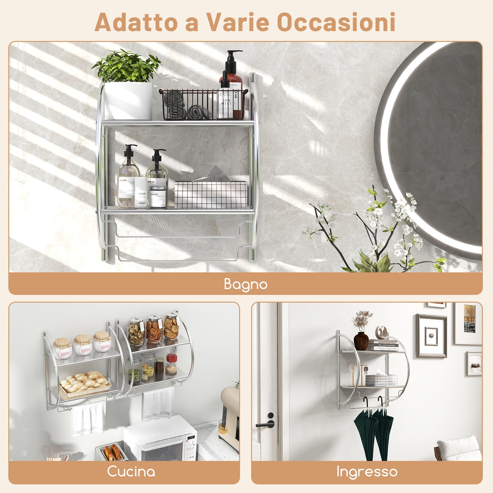 COSTWAY Porta Asciugamani da Parete Porta Salviette a 2 Ripiani per Bagno in Acciaio Inossidabile, 45 x 26 x 55 cm (Argento)