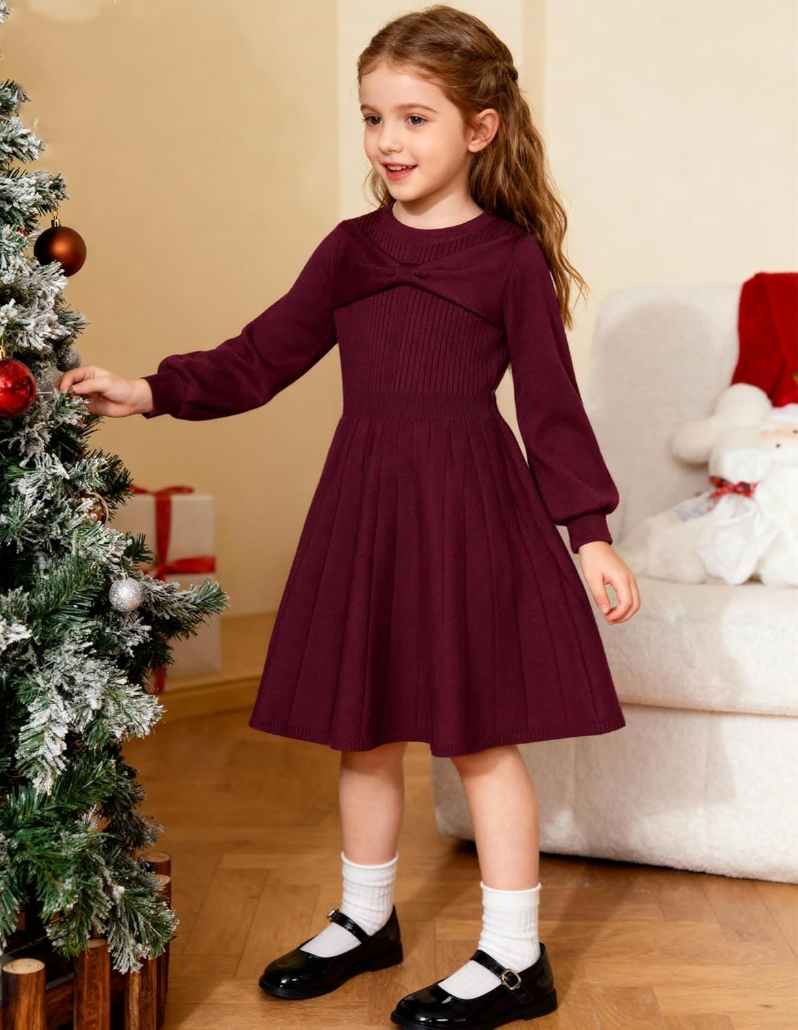 GRACE KARIN Girls Sweater Dress Bow Collar Pleated Skirt 6-14Y Back to School Outfit Knit Fall Winter Dress - Image 4
