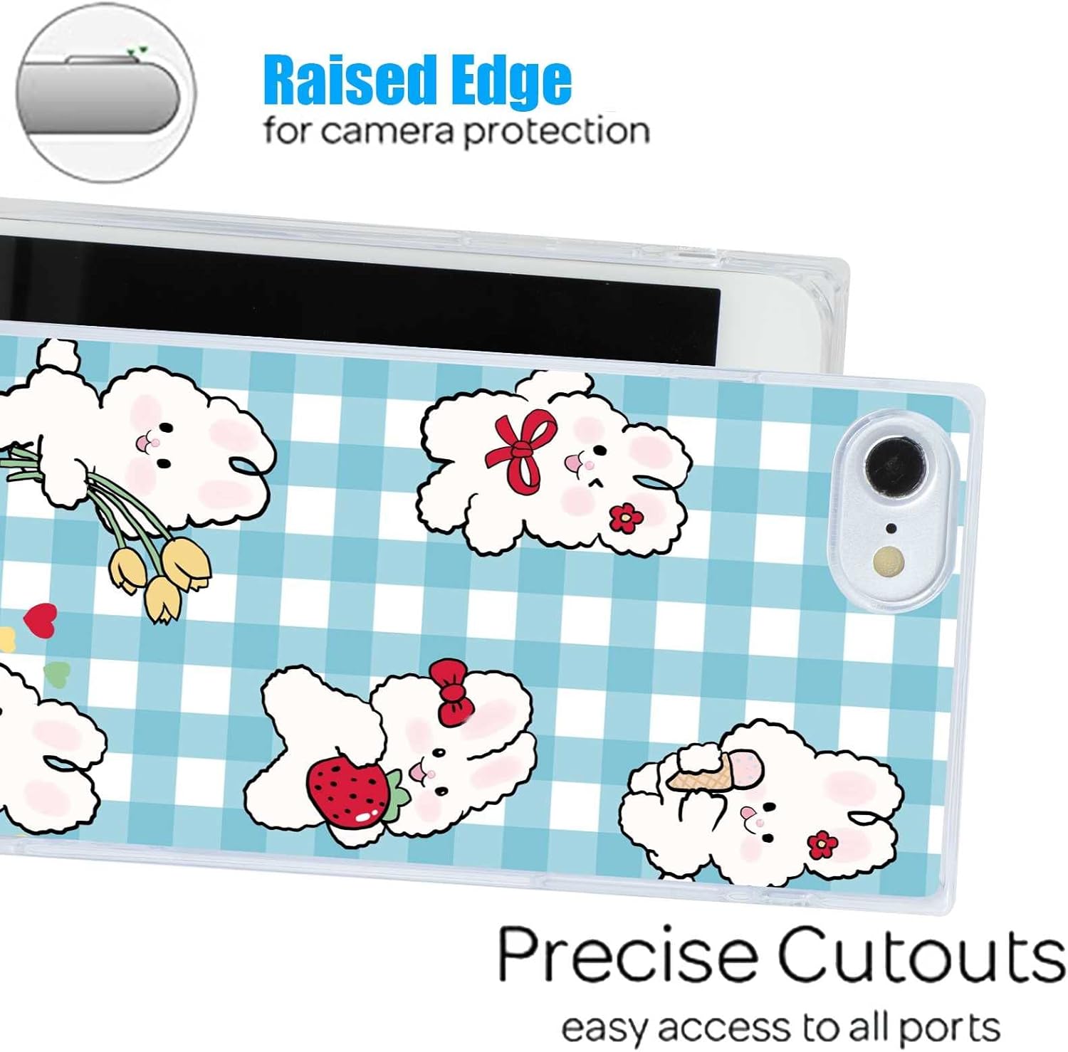 Compatible with iPhone SE(2022/2020)8/7 Case, Cartoon Bunny Rabbit Strawberry Blue Plaid Pattern for iPhone Case Girls Women, Soft TPU Transparent Trendy Clear Case for iPhone SE(2022/2020)8/7