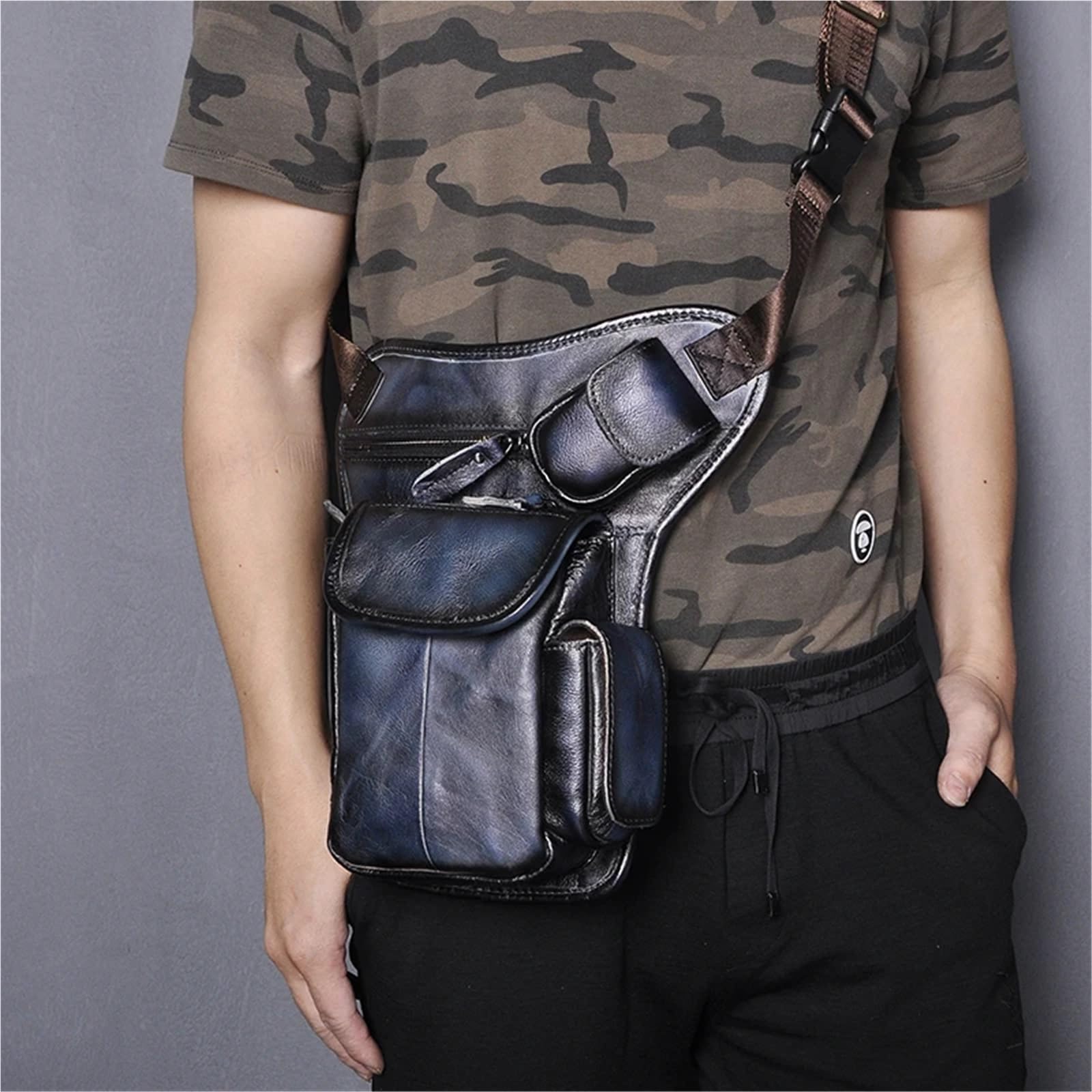 Bolsa Pierna Moto Leather Design Men Vintage Small Belt Messenger Bag Waist Pack Drop Leg Pouch(Black)