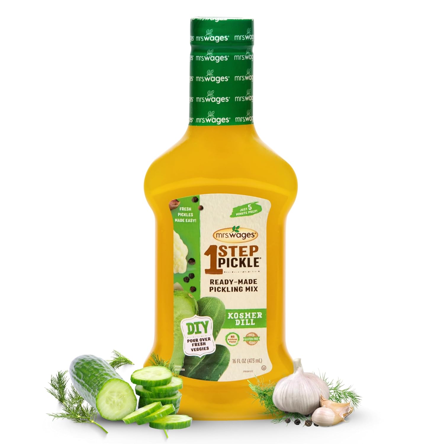Mrs. Wages 1 Step Pickle Kosher Dill Pickling Mix, DIY Fresh Pickles in 8 Hours, Gluten Free, Kosher, No Artificial Flavor, Each Bottle Makes 2 Pints,16 fl oz Bottle (VALUE PACK of 6)