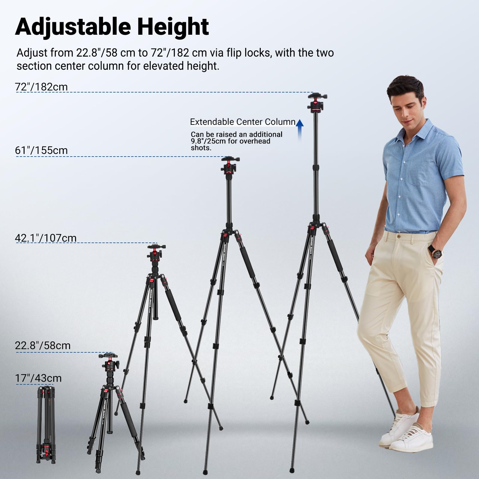 NEEWER Basics, statyw podróżny do aparatu, kompaktowy i lekki uchwyt do telefonu komórkowego DSLR (72 cali), głowica Arca, kompatybilny z iPhone Video, maksymalne obciążenie 6 kg, TP14B