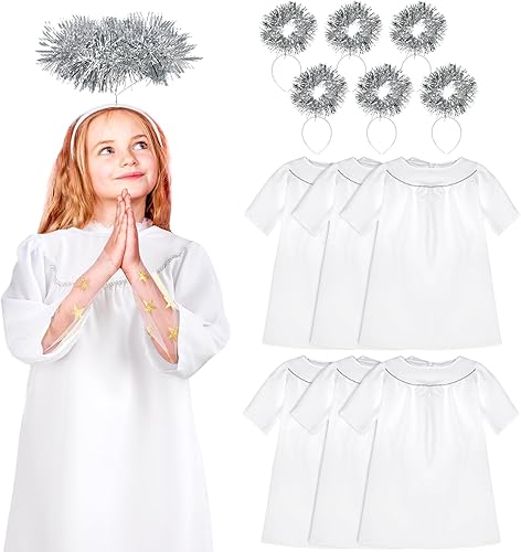 Funtery 6 juegos de disfraz de ángel de Navidad para niños, vestido angelical blanco con diadema de ángel para niñas y niños pequeños disfraces