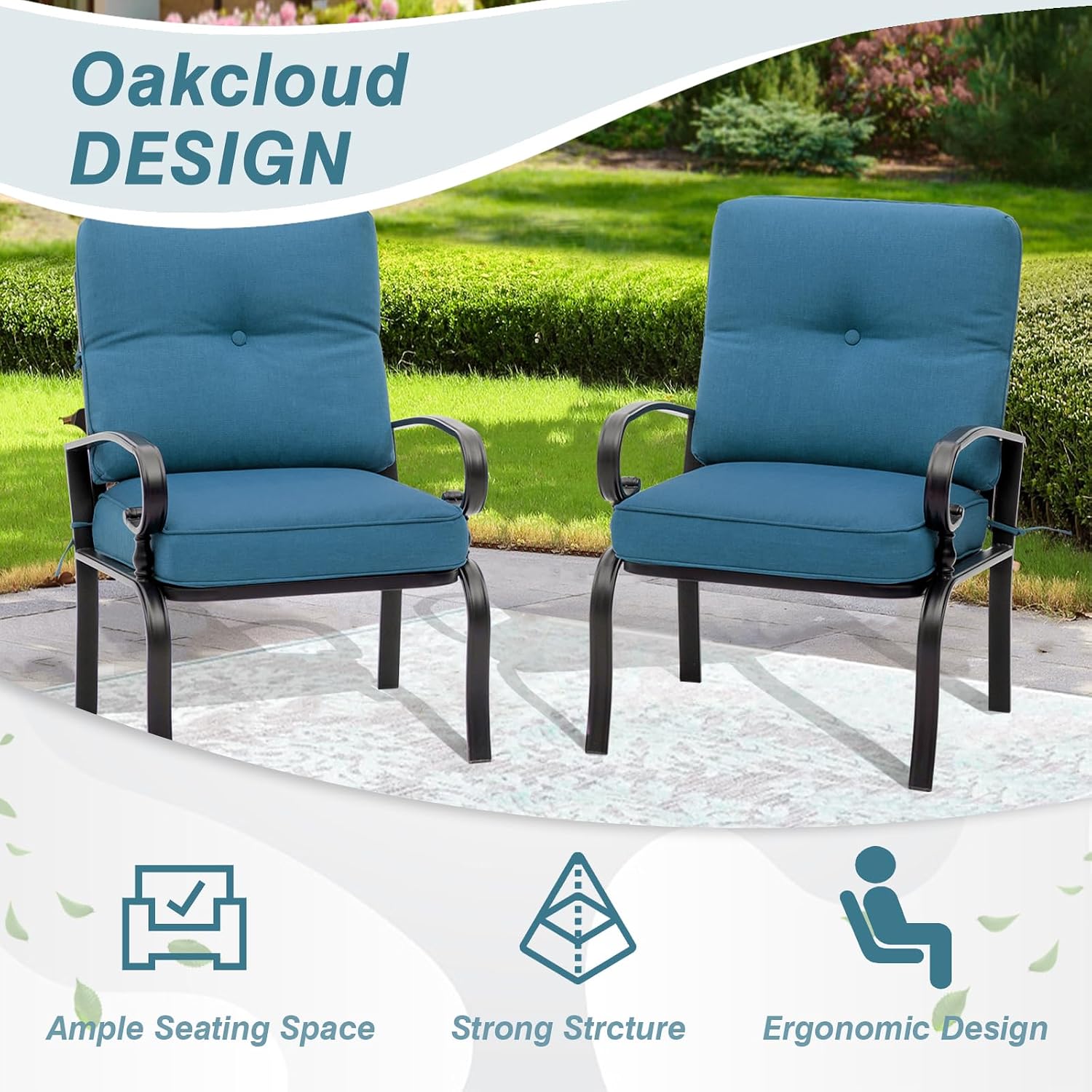 7-Piece Outdoor Metal Furniture Sets Patio Conversation Set, Wrought Iron Loveseat, 2 Dining Chairs, 2 Spring Chairs and Coffee Table, Peacock Blue