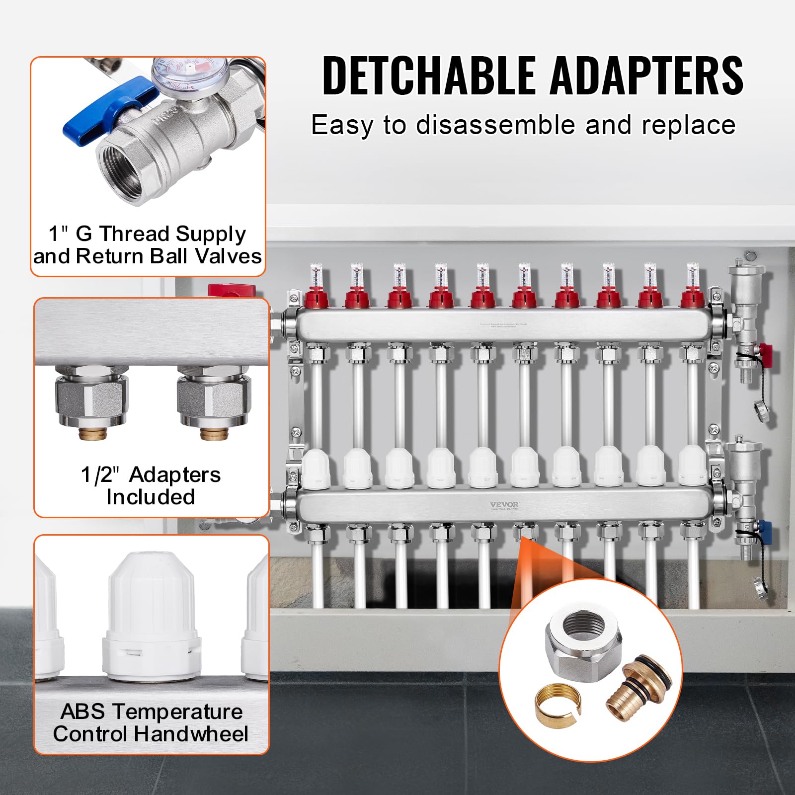 VEVOR Colector de Calor Radiante de 10 Derivaciones de Acero Inoxidable SUS304 para Calefacción por Suelo Radiante Hidrónico, Colector de Tubería PEX, con Adaptadores, 680 x 370 x 110 mm, 0-5 L/min