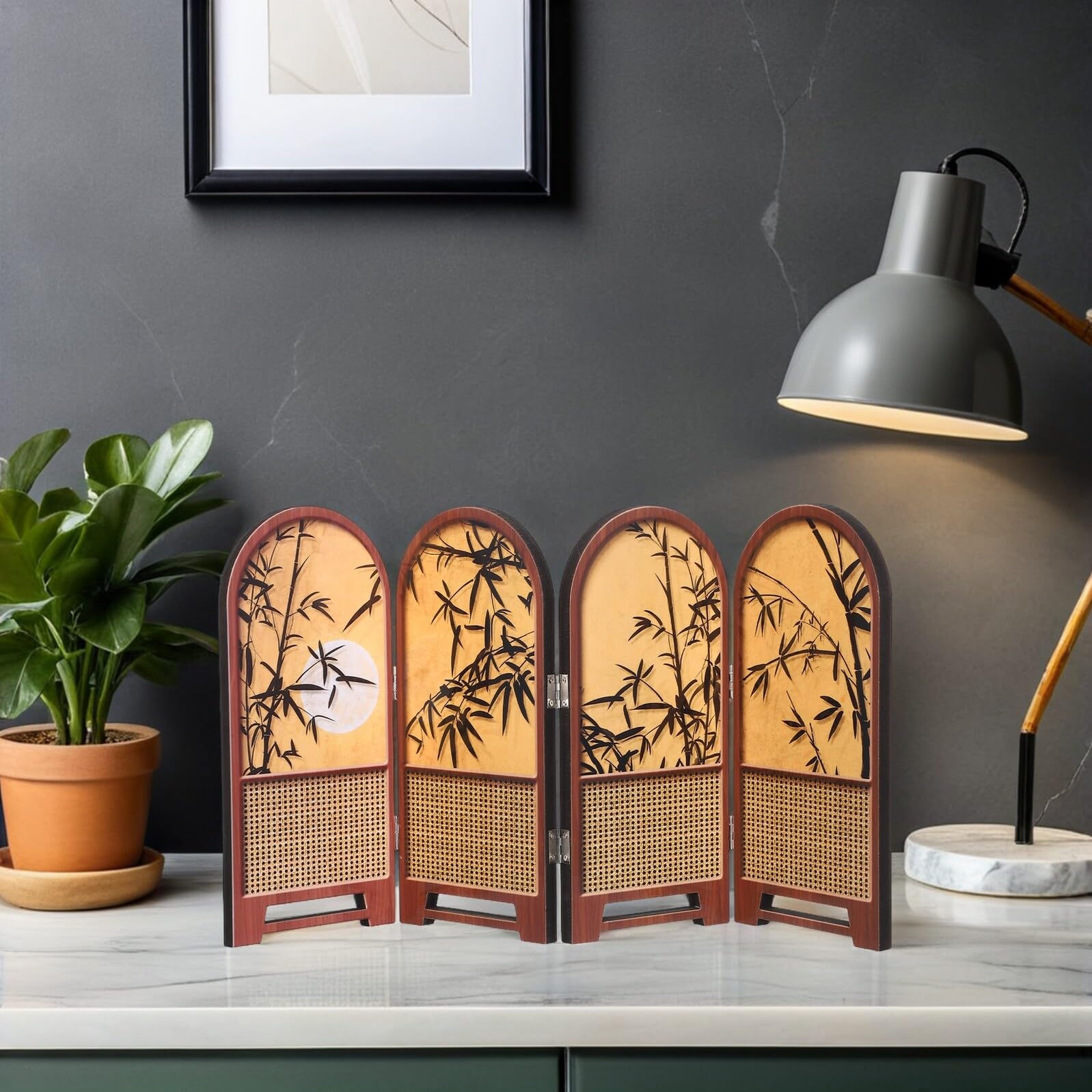 jojofuny Biombo Plegable de Escritorio Compacto de Madera Diseño Chino Tradicional y Panel Divisor Elegante para Oficina y Decoración de Espacios Pequeños