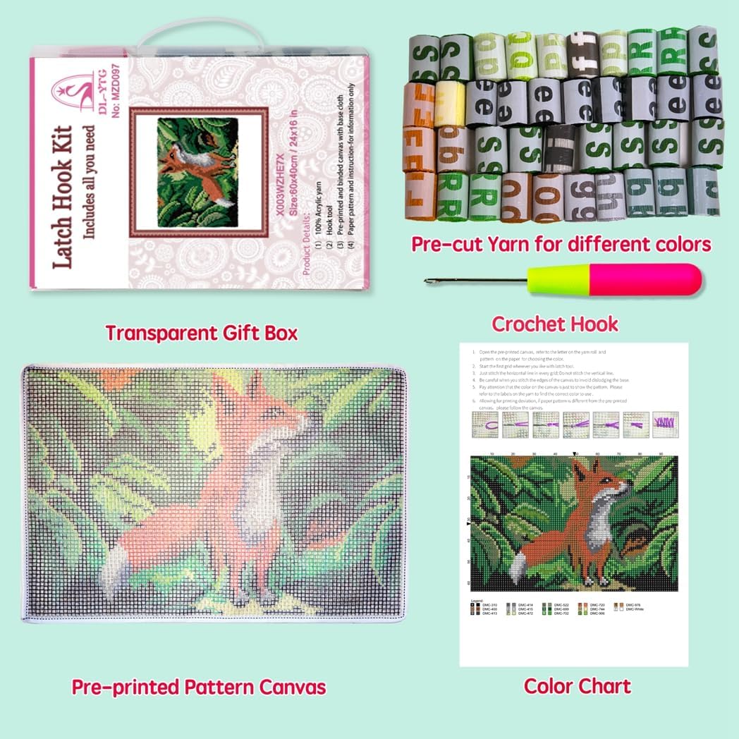 DL-YTG Latch Hook Kits Rug Fox Crochet Yarn Cushion Colour Pre-Printed Canvas Cover Rug Needlework DIY Hook and Latch Kit Christmas Home Decoration 60X40cm/24x16 inch