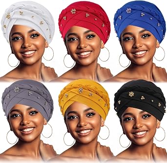 Womens 6 Pack Turban Cap, Beaded Beanie, African Braid Wrap Hat, Fashionable Headwear for Women in Black, Grey, White, Red, Yellow, Blue