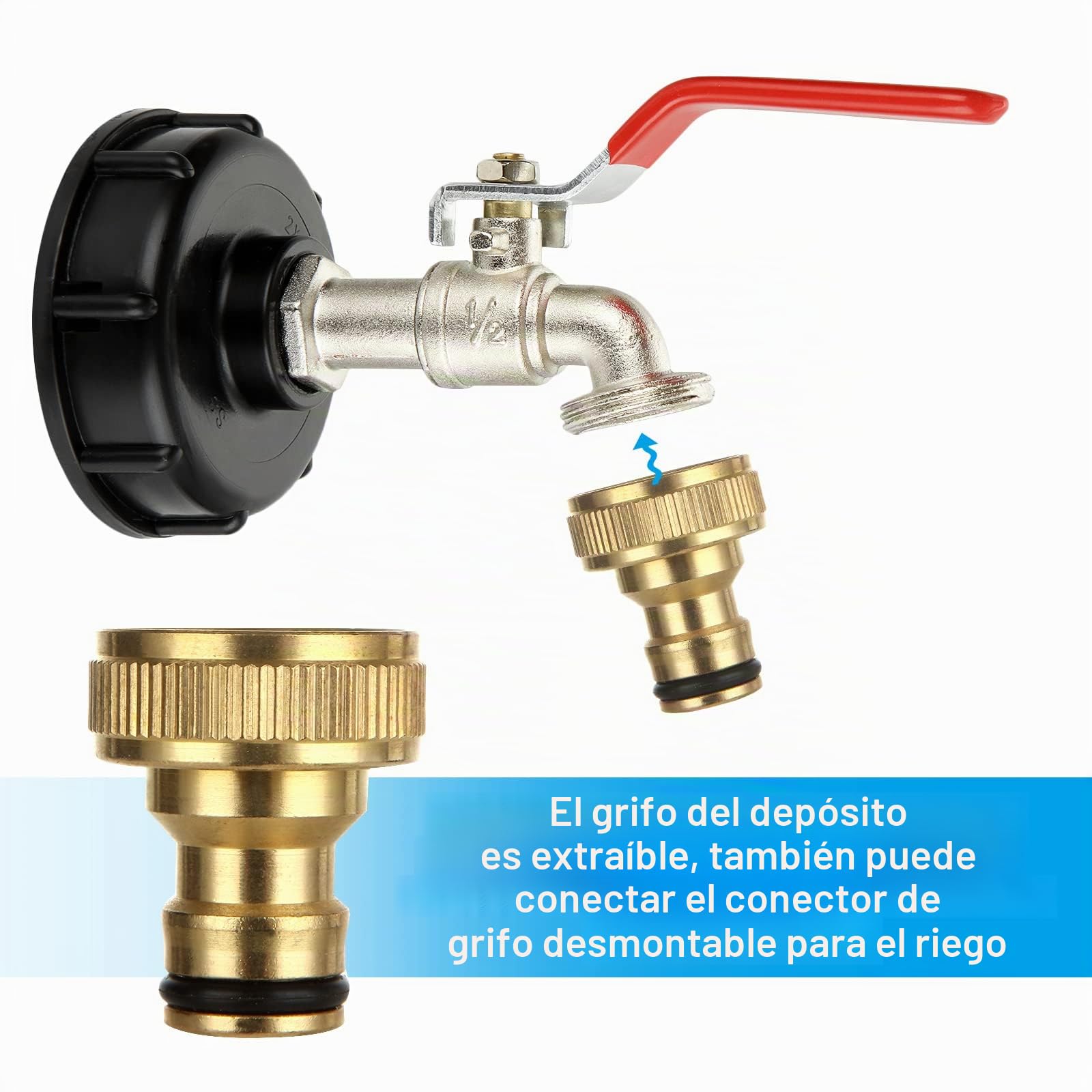 JMIATRY 2 piezas Grifo Deposito 1000 Litros, 1/2'' Adaptador de Depósito IBC, Adaptador Bidon 1000 Litros para Exterior Jardin Deposito Agua Lluvia Adaptador