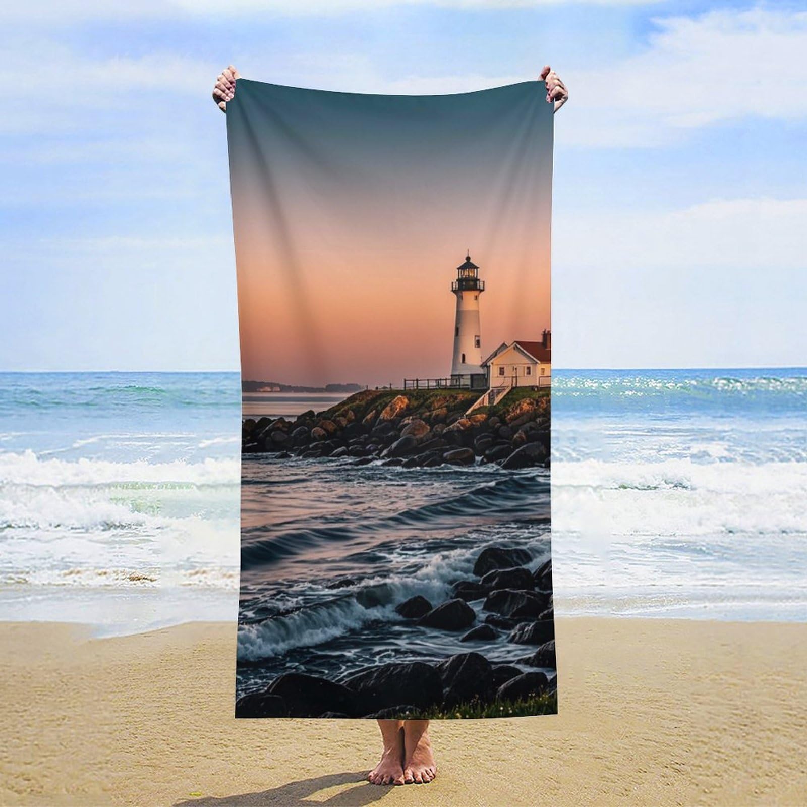 Anceky Oversized Lighthouse Sunrise Beach Towel Soft Microfiber Bath Towel Quick Dry Absorbent Travel Pool Towels Lightweight Sand Free Blanket Machine Washable for Swim Picnic