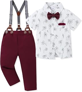 SANMIO Toddler Baby Boy Clothes Suit Gentleman Wedding Outfits, Formal Dress Shirt with Bowtie + Suspender Pants 1-5 Years
