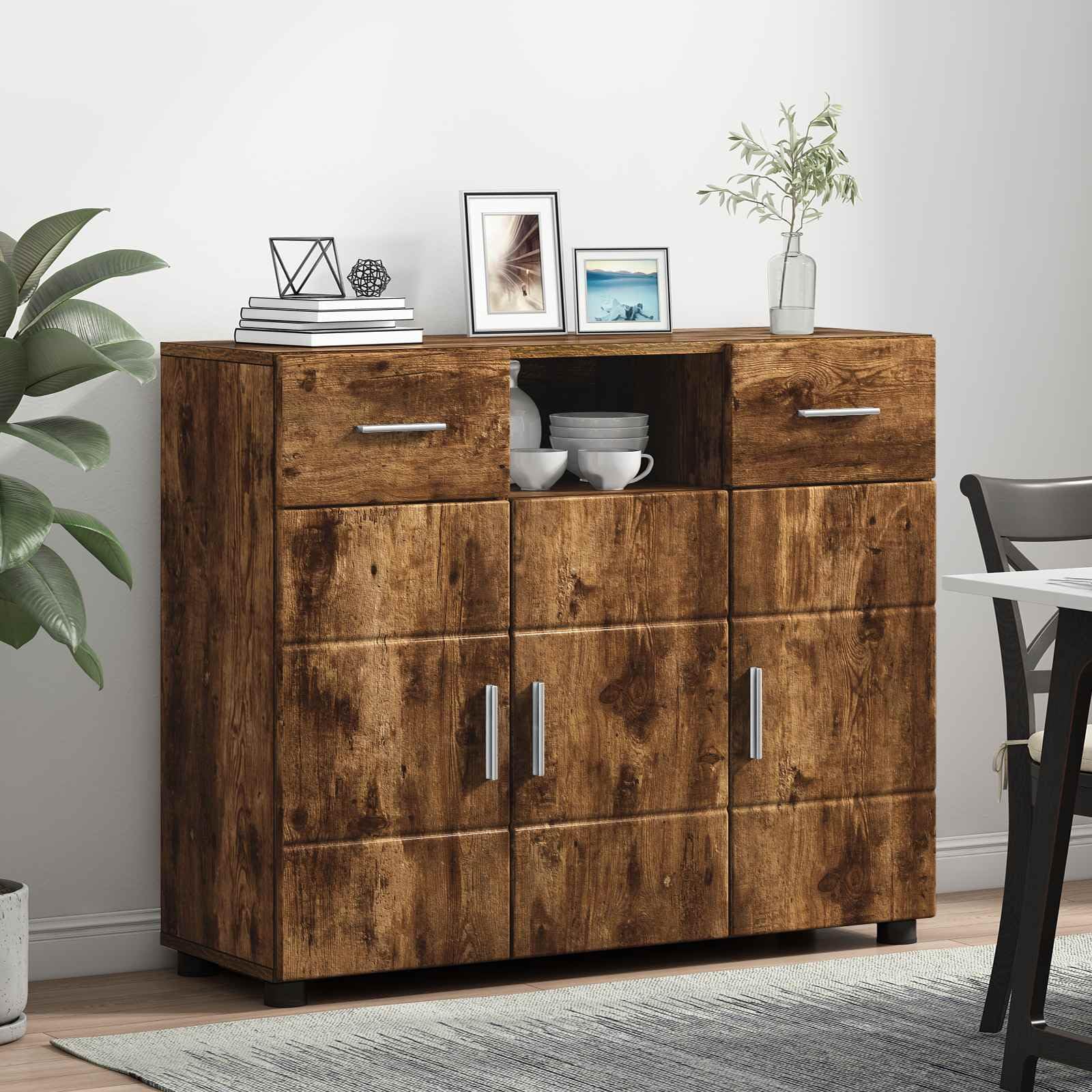 Armadio in legno di rovere affumicato con 3 ante, 2 cassetti, 3 ripiani, opaco, rettangolare, ideale per soggiorno, casa, ufficio, set di mobili moderni
