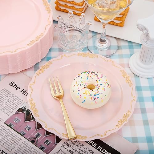 Miniatura 4 de LIYH - 100 platos de postre de oro rosa, 100 tenedores de plástico dorado, platos de pastel desechables con tenedores, platos de aperitivo, platos