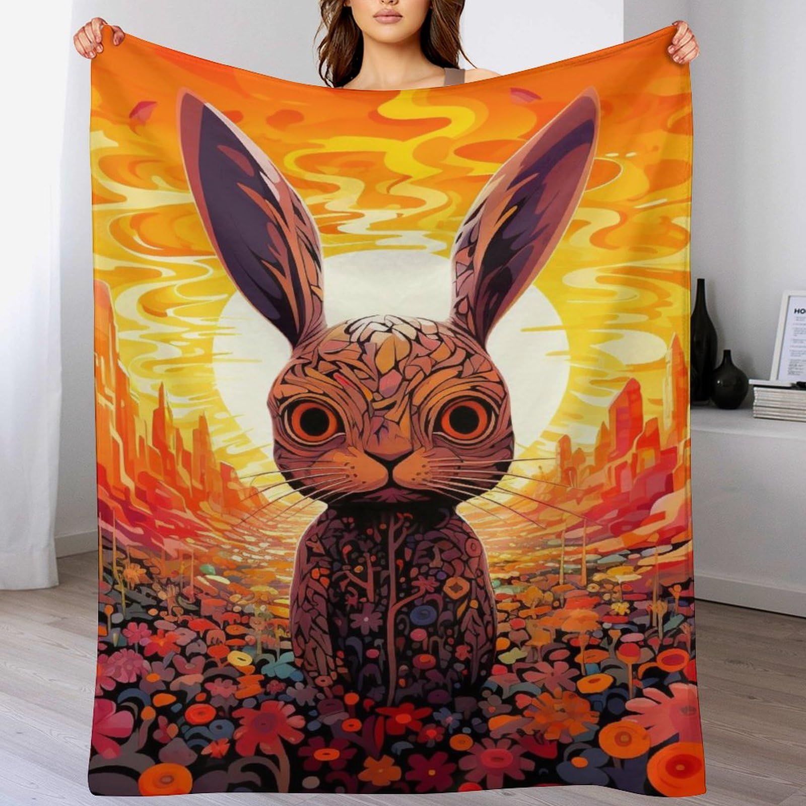 Couverture polaire flannel douce contre le froid couvre-lit léger motif lapin