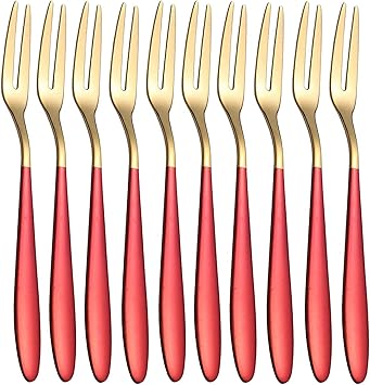 WOODTULA Stainless Steel Fruit Forks Set - Colorful Mini Salad Fruit Fork - Fruit, Dessert Fork - Small Appetizer Forks - Cocktail Set (Set of 10, Red)