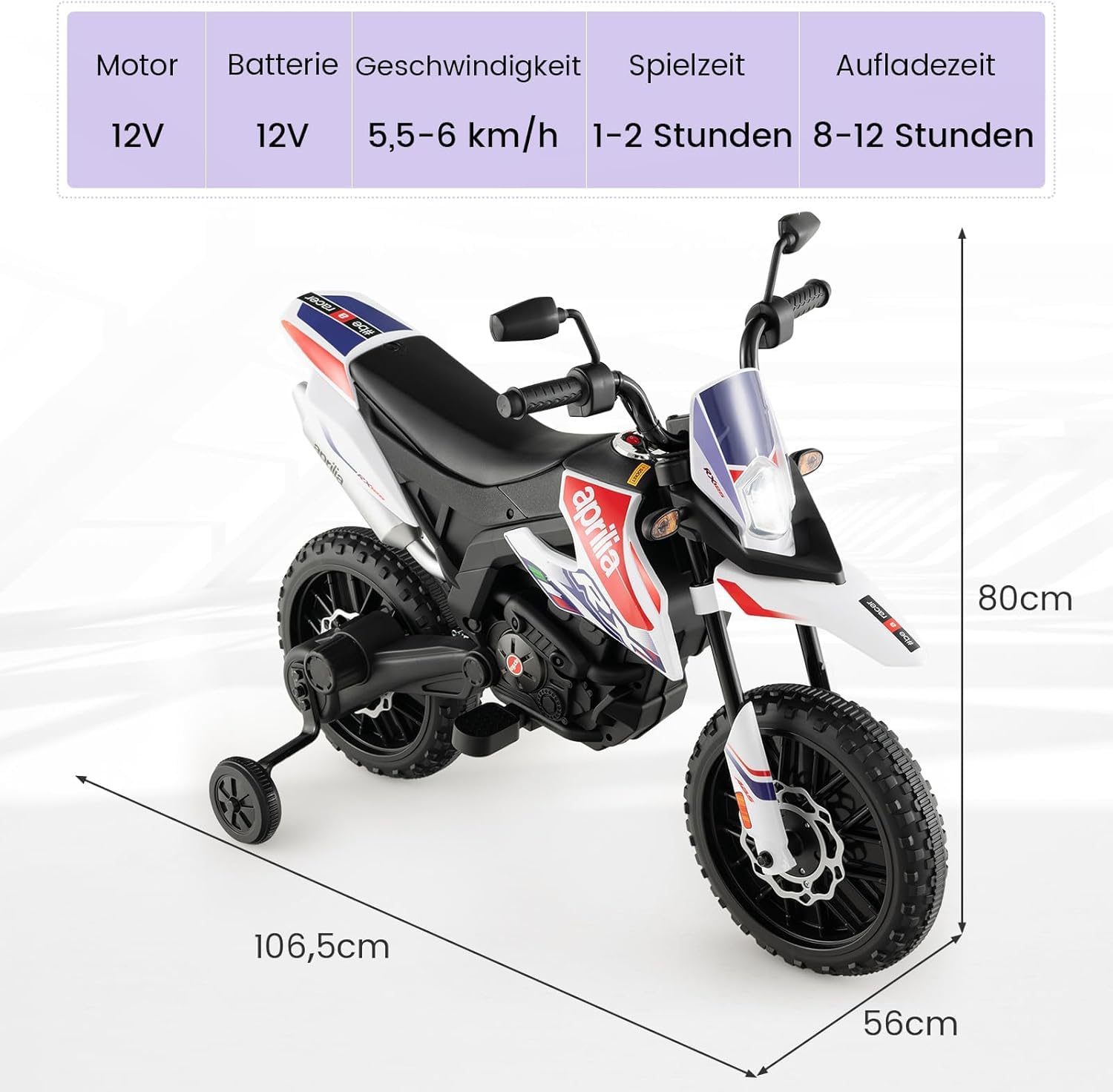 FANTASK 12V Elektromotorrad für Kinder 5,5-6 km/h, Kindermotorrad mit Stützrädern & Musik & Scheinwerfer, schwarz-weißes Motorrad für Kinder von 3 bis 8 Jahren