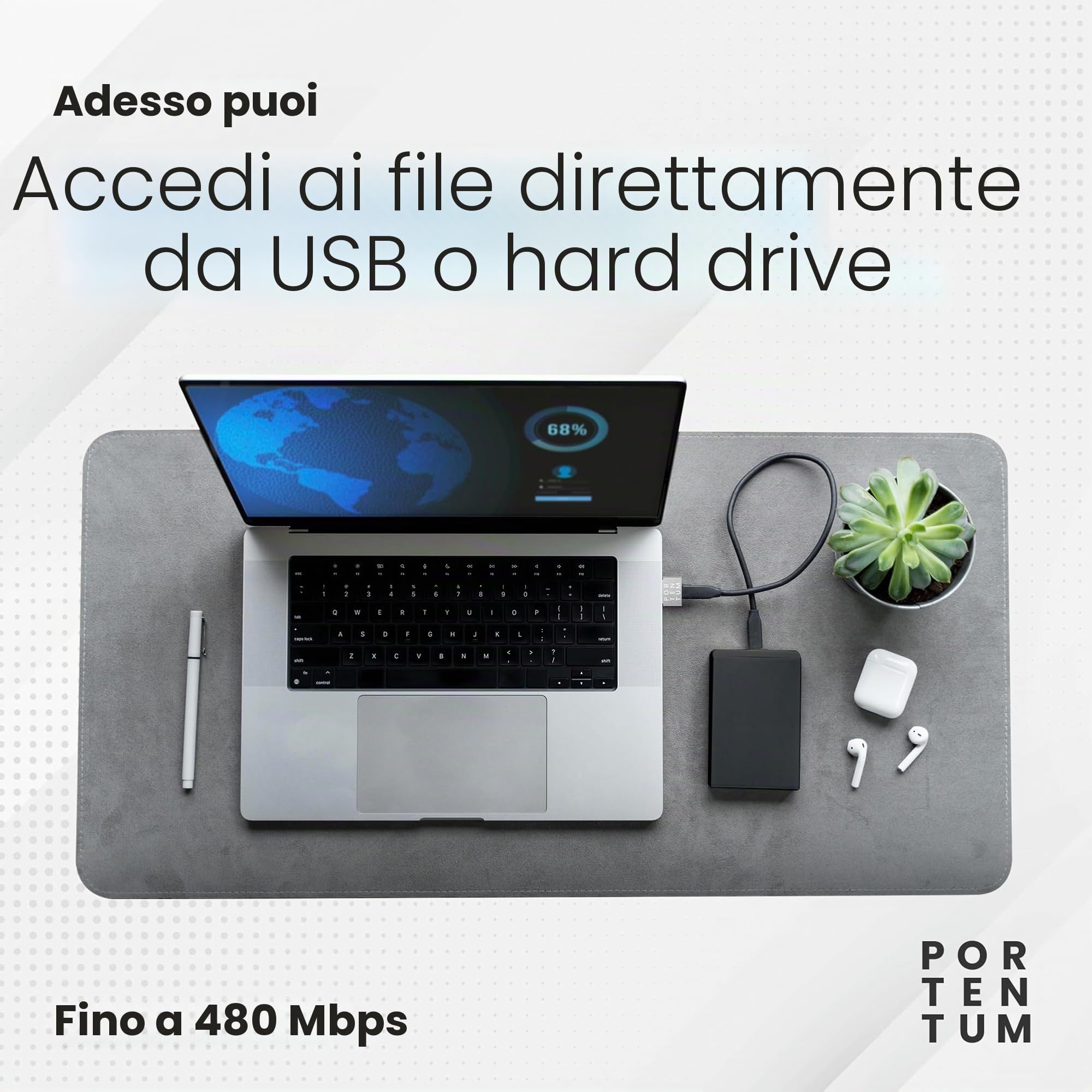 PORTENTUM Adattatore USB C Femmina a USB A Maschio 2.0 480 MB Zinco