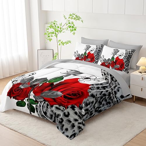 Miniatura 2 de AILONEN Juego de edredón con estampado de leopardo rosa para niñas, mujeres y amantes de parejas, 7 piezas con temática de rosas rojas y animales en