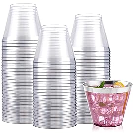 I00000 100PCS Silver Plastic Cups,9 oz Clear Plastic Cups with Silver Trim, Heavy-Duty Disposable Hard Cup For Party, Premium Cup Perfect for Wedding & Party