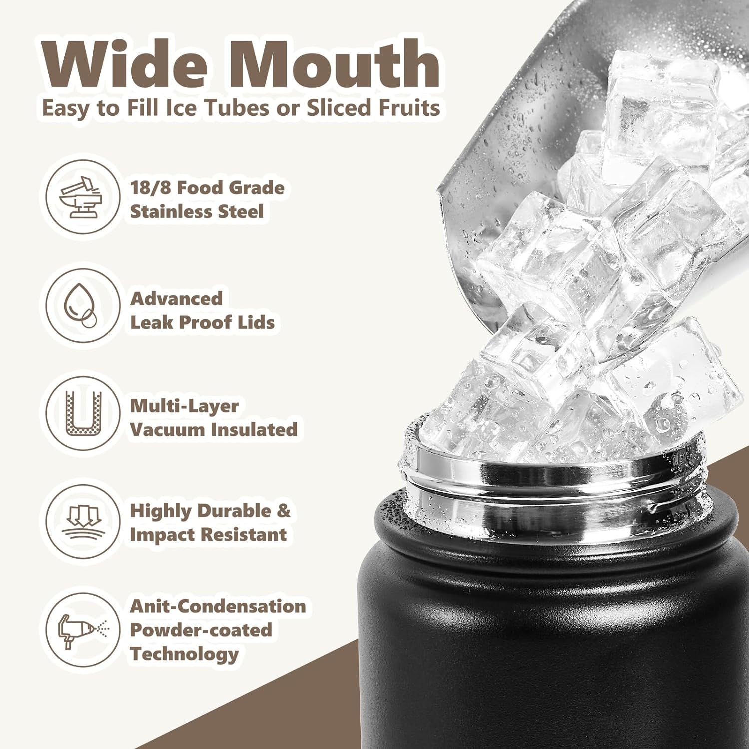 Insulated Water Bottle with Lid & Boot & Stickers, 24 oz Stainless Steel Sweat Free Bottle Keep Cold 24H, BPA-Free Sports Wide Mouth Water Bottle, Black - Image 5