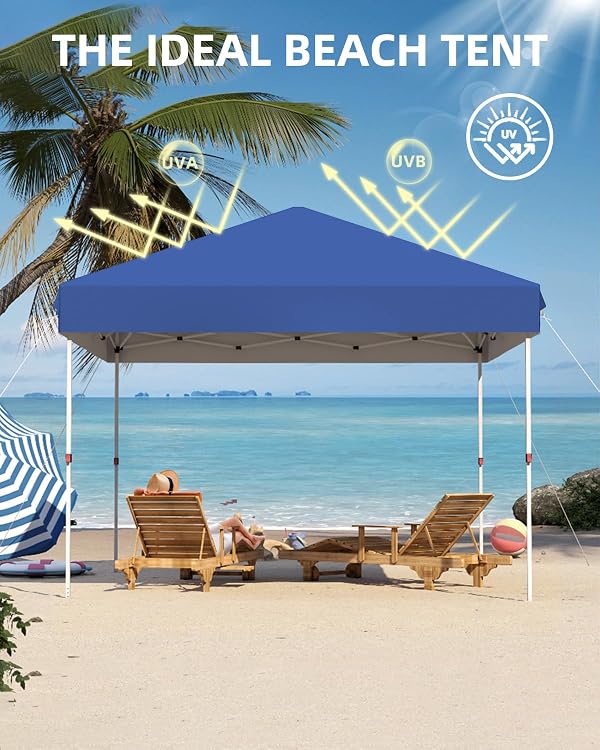 Garvee 10x10 Pop Up Canopy, Beach Ten with One Push Setup, Reinforced Frame, Outdoor Easy Up Canopy Tent with Portable Roller Bag, 3 Adjustable Height, Sandbags, Silver Coated Top, Blue by Garvee - Used condition - Image 4