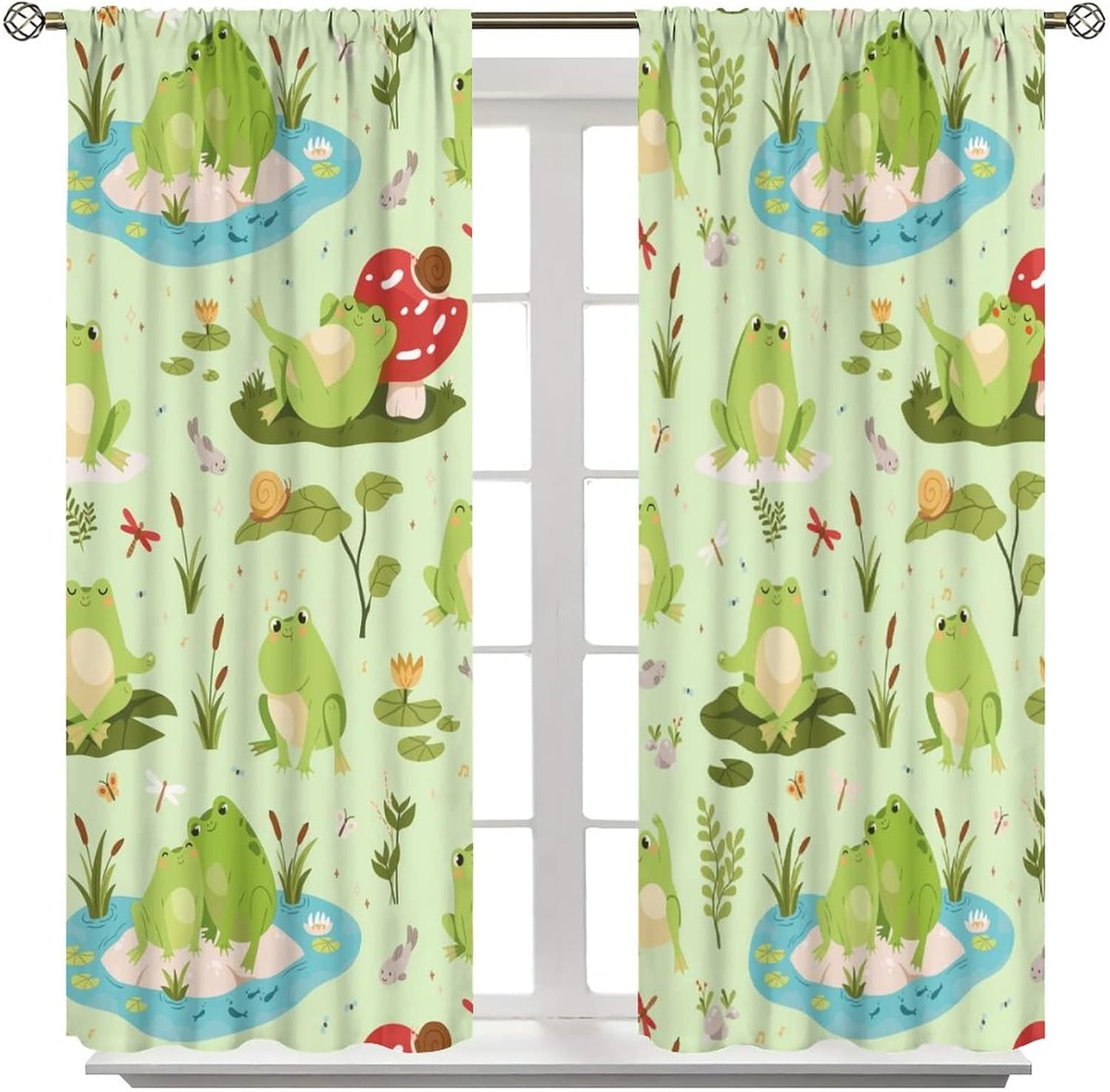 Cartoon Cute Frogs Blackout Curtains for Bedroom - Forest Animals Frog Mushroom Green Leaves Window Treatment,Rod Pocket Room Darkening Curtains 2 Panels 63L x 21W