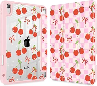 Case for iPad Air 11 inch M4 2026/M3 2025/M2 2024, for iPad Air 5th/4th Generation Case 10.9 inch 2022/2020, Tablet Cover with Acrylic Clear Back Shell, Cherries and Bow