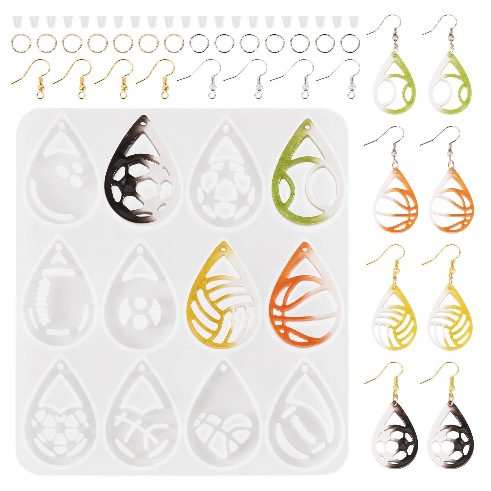 Bestewelry 1 pc Football Basketball Silicone Resin Mold Volleyball Epoxy Resin Molds with Earring Hooks & Open Jump Rings& Ear Nuts for Epoxy Crafts Jewelry Making