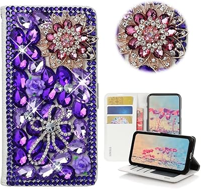 STENES Bling Wallet Phone Case Compatible with Moto G Stylus (2023) Case - Stylish - 3D Handmade Luxury Flowers Design Magnetic Wallet Stand Leather Cover Case - Deep Purple