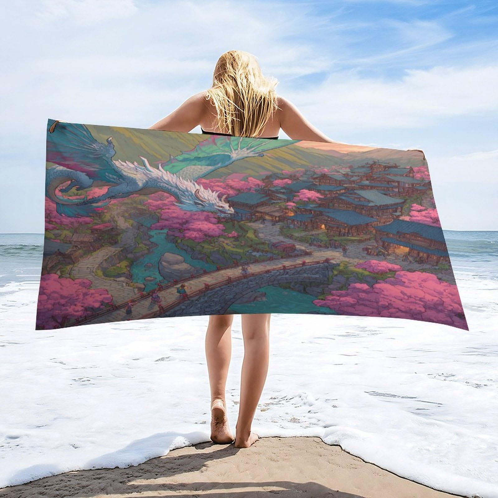 Luyysky Beautiful Fantasy Cool Dragon Absorbent Beach Towel, Elegant Japanese Cherry Blossoms Mythical Animal Western Dragon Outdoor Single-Sided Velvet Beach Towel-80 W Cm X 160" L Cm