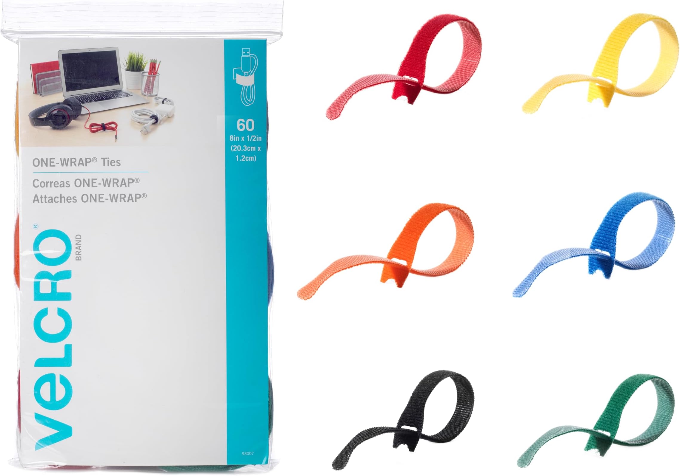 VELCRO Brand One-Wrap Cable Ties | 60Pk | 8 X 1.3 cm Straps, Multicolor | Strong REUsable Wire Management | Cord Bundling For Home Office And Data Centers