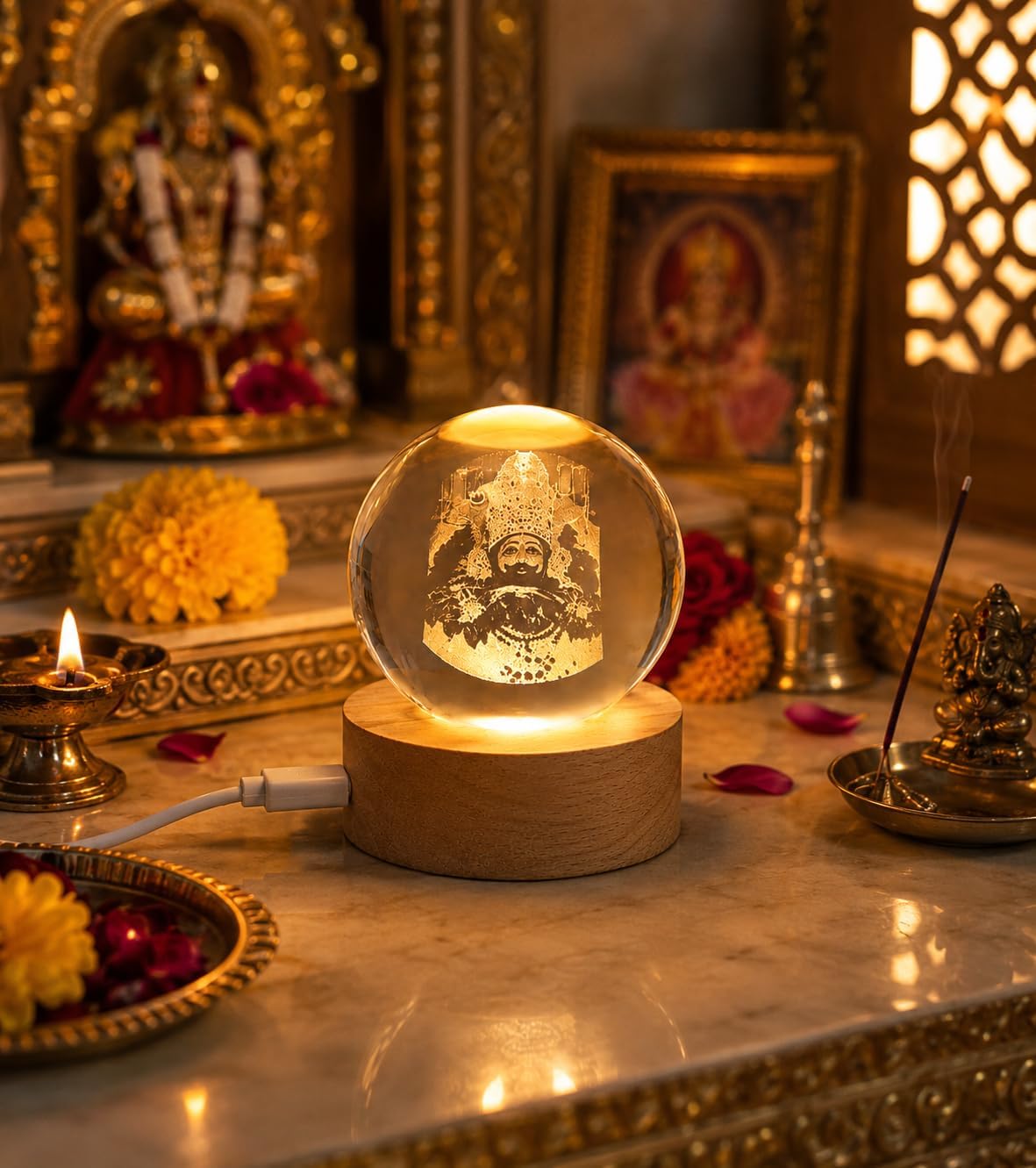 Khatu Shyam Baba Crystal Ball LED Night Lamp with Wooden Base, USB Powered, Spiritual Decorative Light for Home Mandir-picture-11