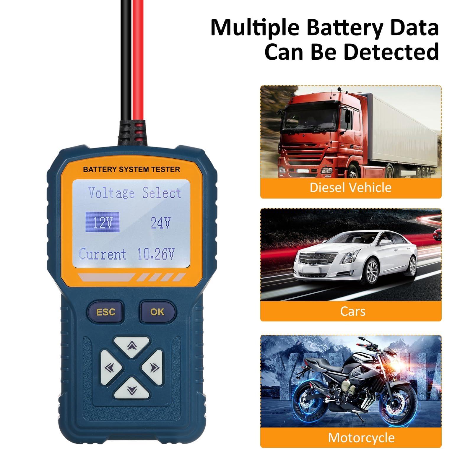 Batterietester, 12 V, 24 V, digitale Anzeige, schnelle Reaktion, mit hinterer Halterung für die Prüfung von Auto- und Motorrad-Batteriesystemen