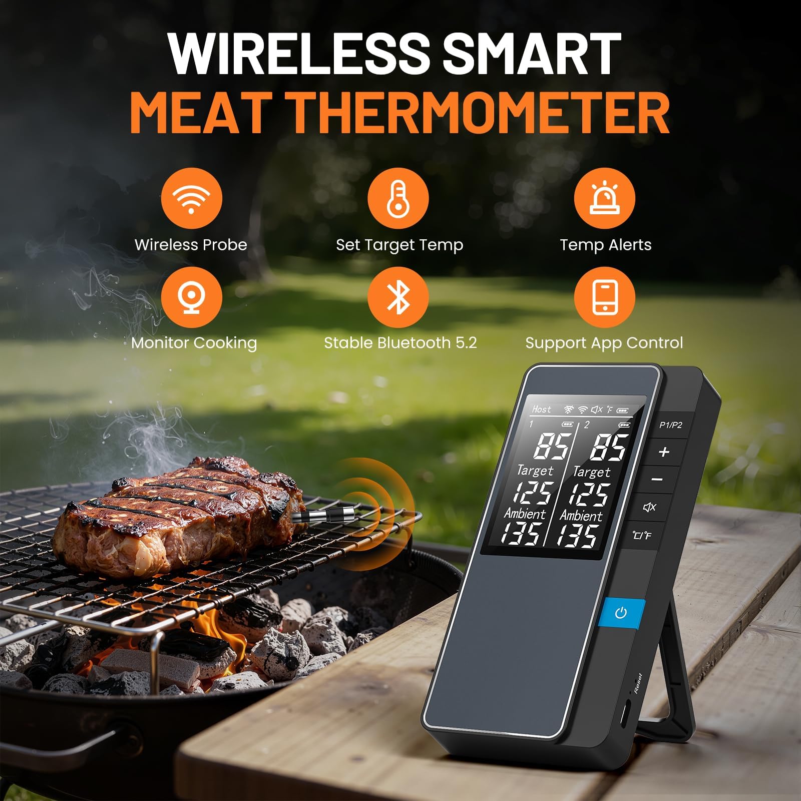 Smart Bluetooth Drahtloses Fleischthermometer, Echtzeitüberwachung Steuerung Digitales Thermometer mit Smart App, 2 Fleischsonden IP67 Wasserdicht Hohe Genauigkeit Perfekt für BBQ, Ofen, Grill