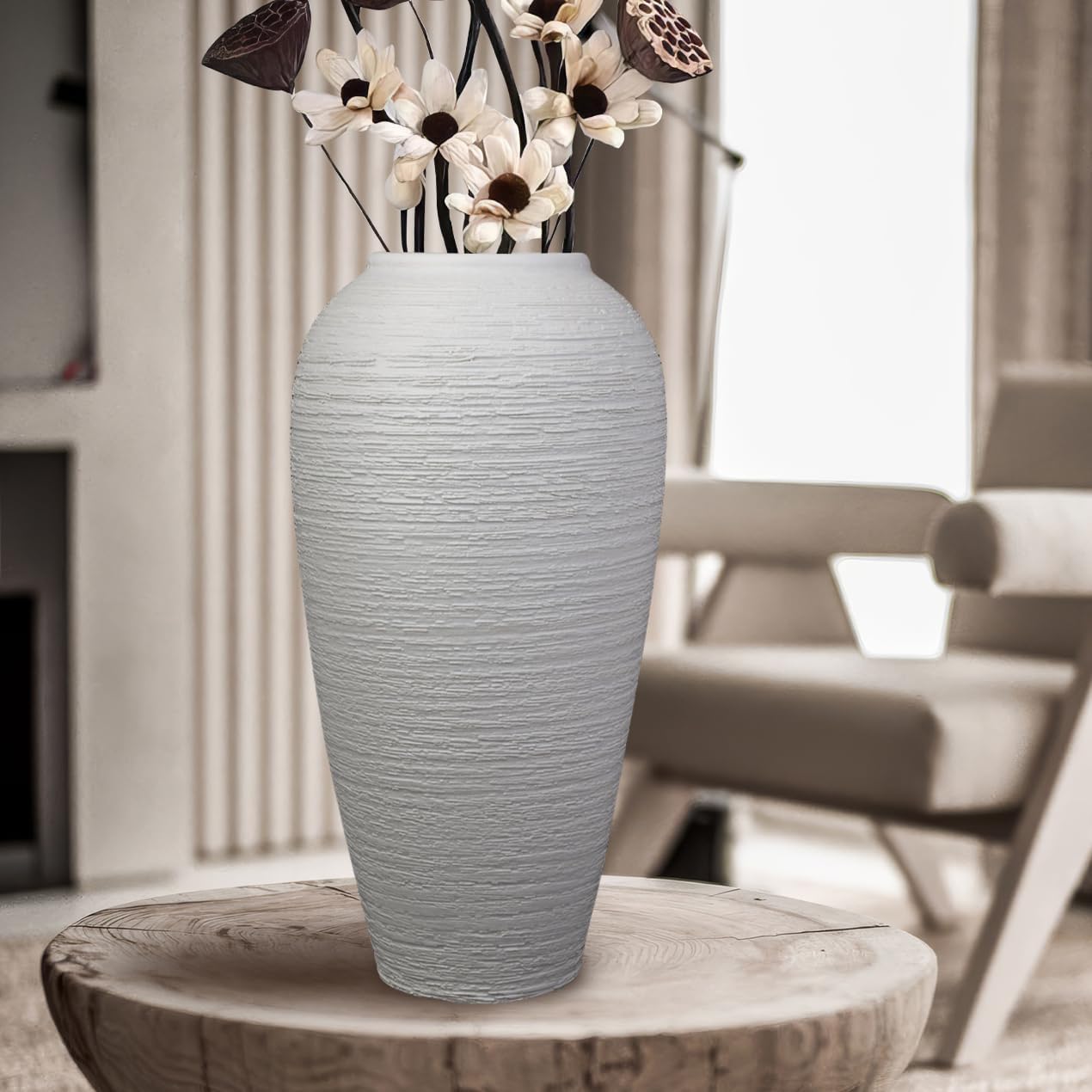 Rustic Ceramic White Pottery Terracotta Vase,13.4 Inch Vintage Tall Floor Vase Farmhouse Rustic Decor for Minimalism Home Decor Aesthetic Centerpiece Living Room Bedroom White 13.4 Inch