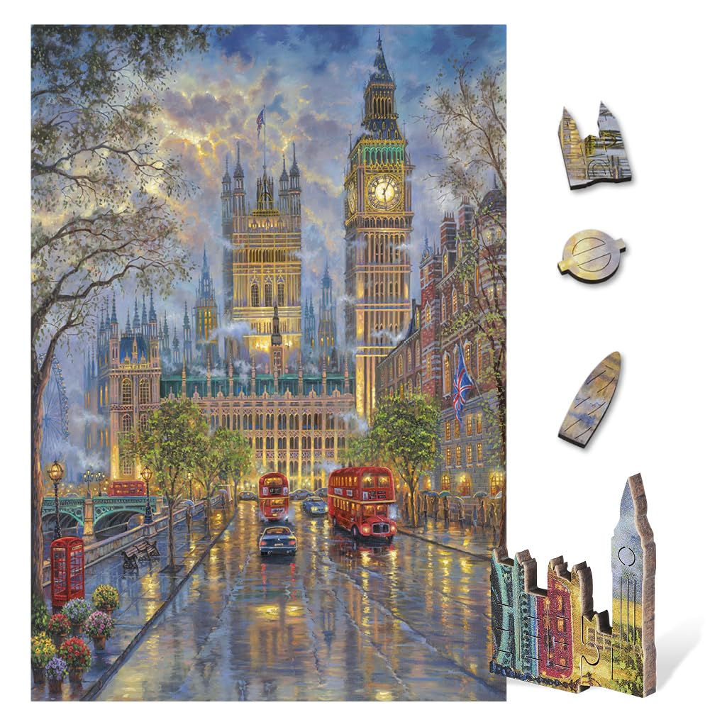 Wentworth Wooden Puzzles The Palace of Westminster, London - 250 Pcs Adult Jigsaw Puzzle, Themed Irregular Pieces, Robert Finale Design for Travel Lovers - Sustainably Sourced Wood and British Made