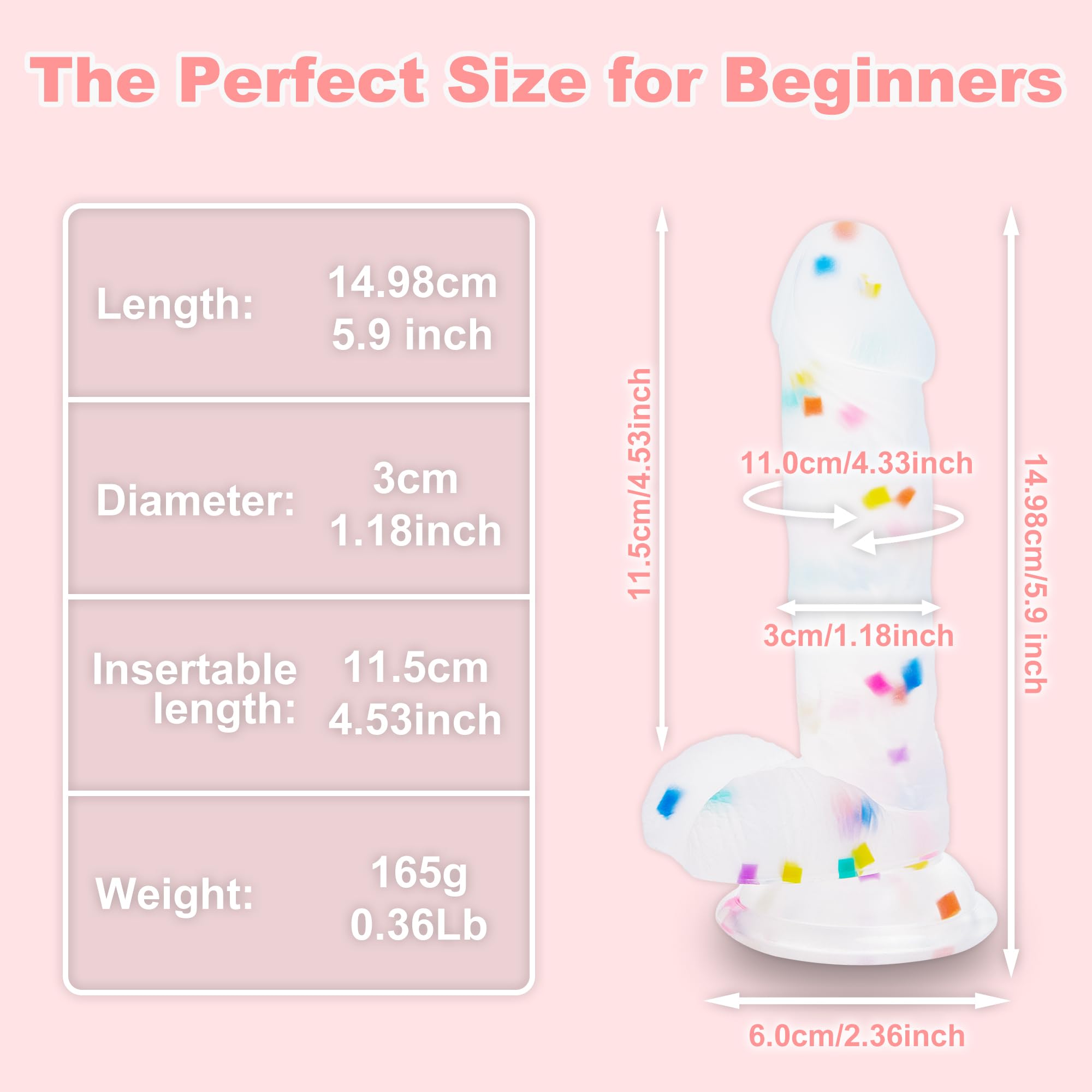 5.9 Inch Small Confetti Clear Silicone Dildo with Flared Suction Cup Base for Hands-Free Play, Flexible Beginner Dildo with Curved Shaft and Balls for Vaginal G-Spot and Anal Prostate: 5.9 Inch Confetti