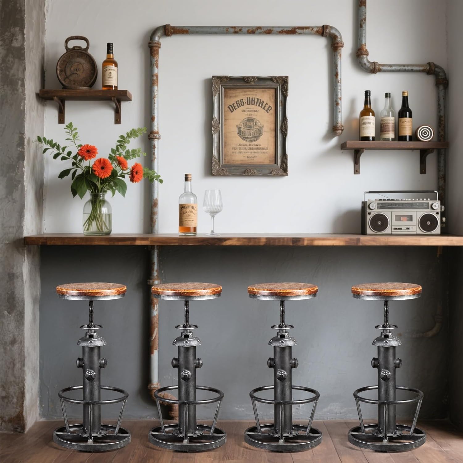 Topower Antique Industrial Round Bottom Adjustable Height Cafe Coffee Retro Vintage Stylish Water Pipe Design Pub Kitchen Bar Stool (Silver, Wooden Top)