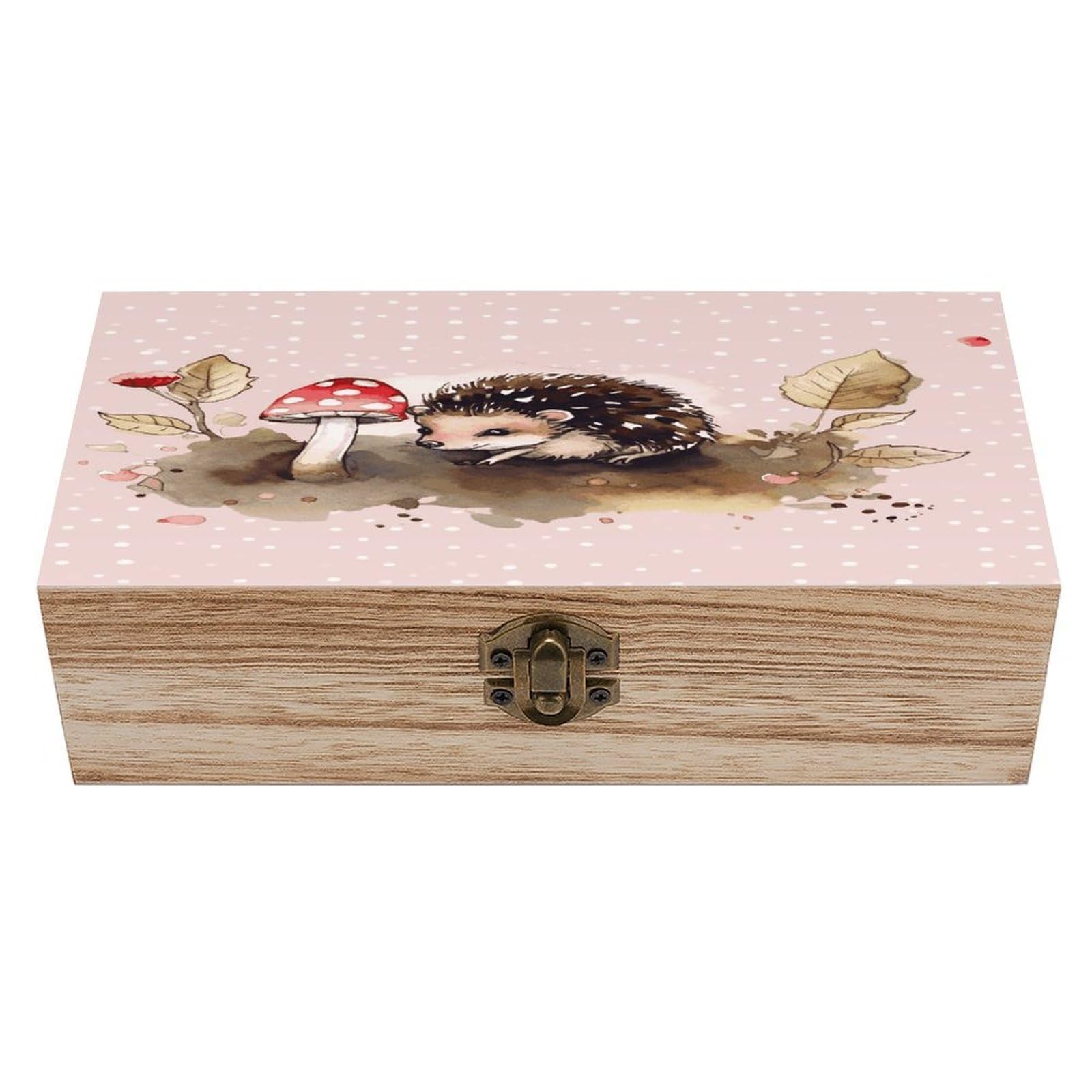 Btcowzrv Style Hedgehog Watercolor Painting Wooden Storage Box, Keepsake Box With Hinged And Retro Lock, Wood Jewelry Organizer For Photos & Mementos And Home Decor