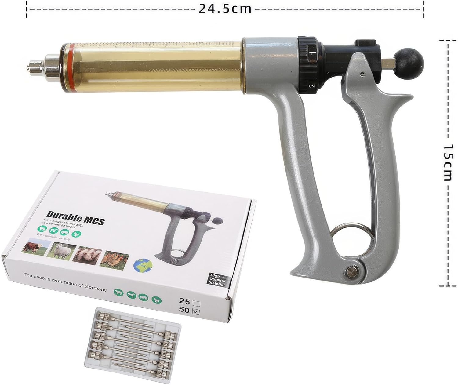 LGEGE Livestock Vaccination Syringe Gun, 50ml Semi-Automatic, 5-Gear Adjustable with 10 Needles, Continuous Injection Gun for Chickens, Ducks, Goose, Pig Bull Sheep, Poultry