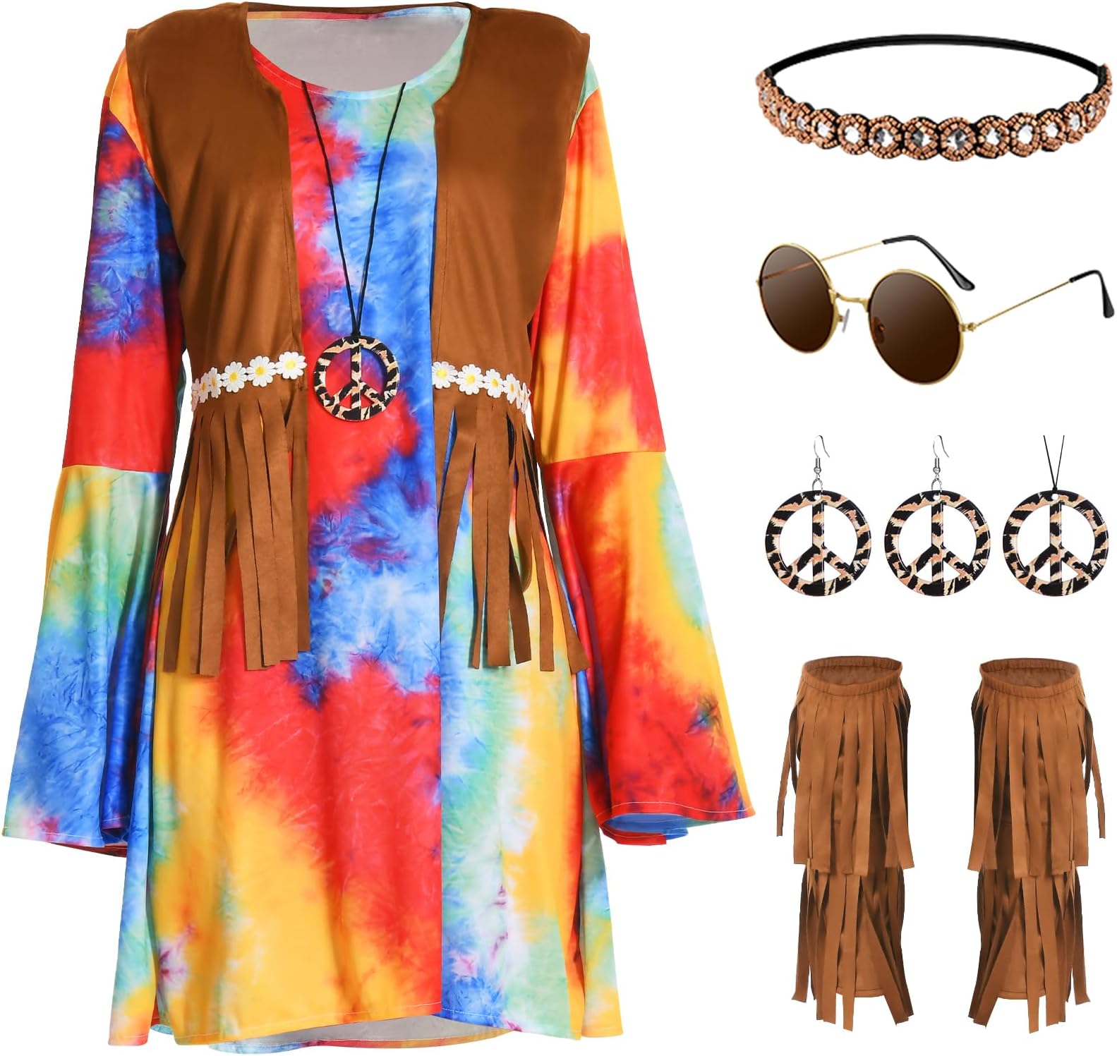 ellzant 70S Hippie Costume Outfit for Women, 70s Disco Outfits Hippie Dress Headband Glasses Womens Halloween Costumes