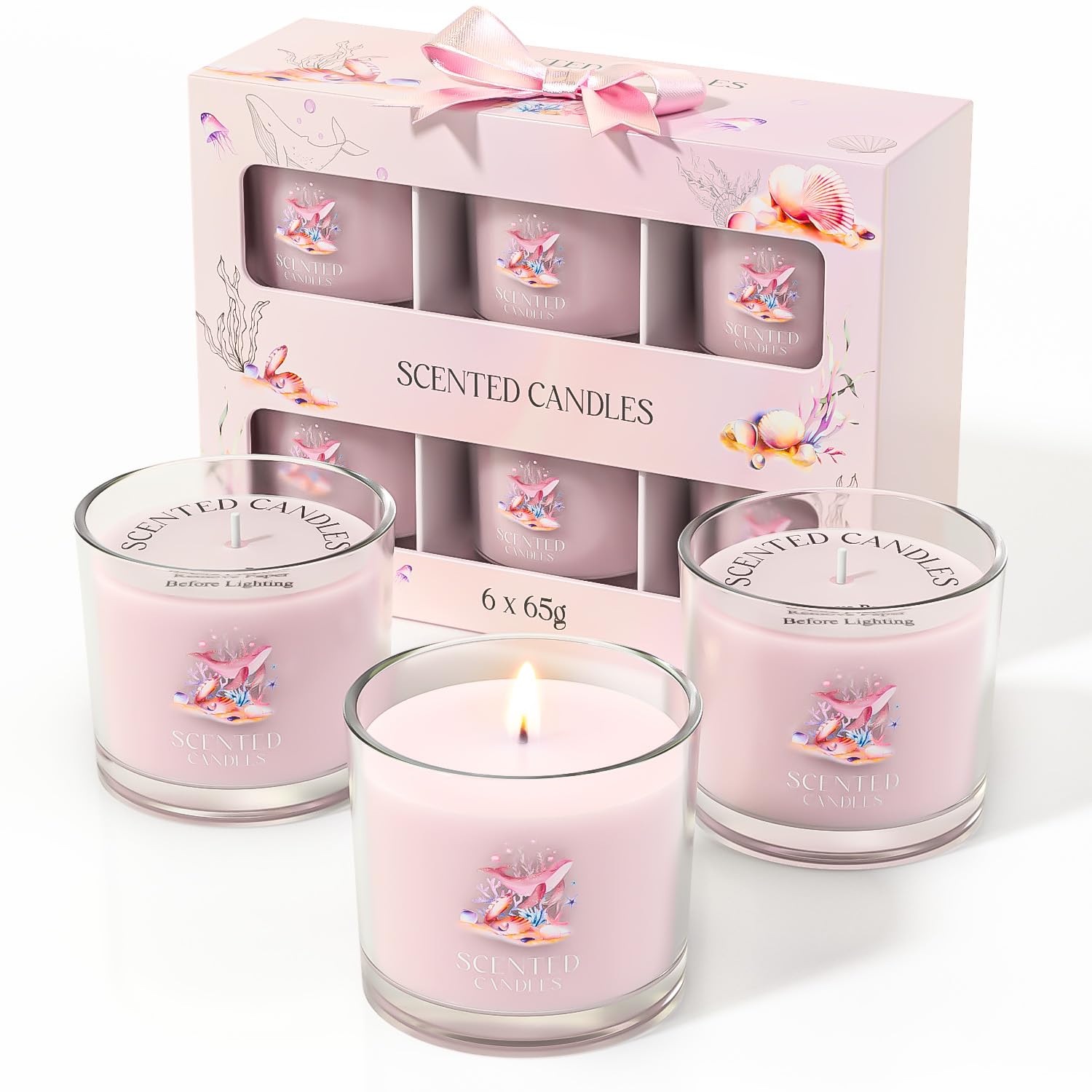 CHILLFLAME Scented Candles Gifts for Women, Candle Gift Set for Her, 6 Pink Ocean Candles, Birthday Gifts for Women/Men (Pink, 14 oz)