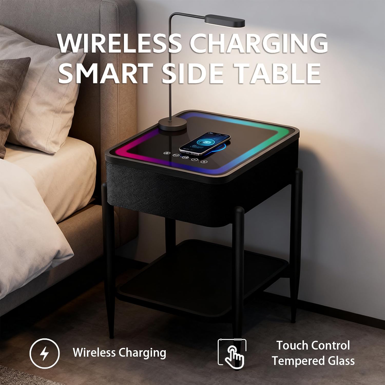 LED Smart Nightstand with Bluetooth Speaker & Wireless Charging, Modern End Table with RGB Lights, Tempered Glass Touch Panel, USB/Type-C/AUX Ports, Easy Assembly, 65W HiFi Sound System, Black