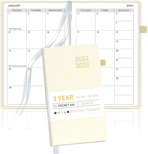 SUNEE Agenda mensual de bolsillo 2024-2026, calendario mensual de bolsillo de 3 años para bolso de 3.5 x 6 pulgadas, agenda de 36 meses (enero de